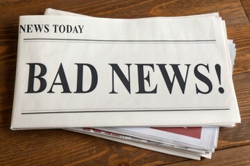 Stack of Newspapers with Bold "Bad News" Headline on Wooden Surface