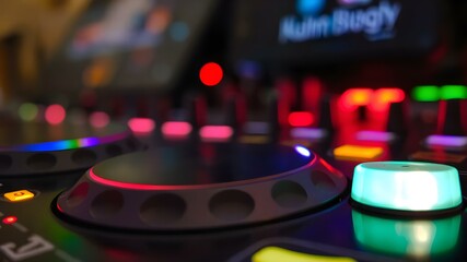 Mixing Desk in Action: Close-up shot of a professional DJ mixing desk with vibrant lights and controls, perfect for music production and live performances.