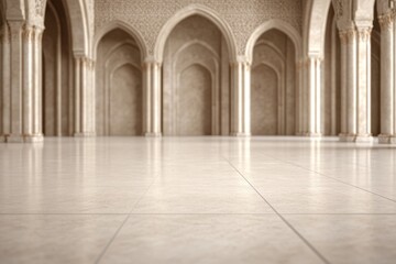 Obraz premium Architectural grandeur: A view of a building hall with grand arches, columns, and tile flooring