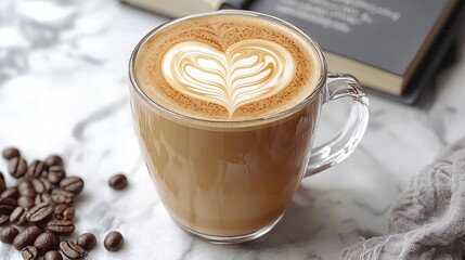 Latte art on a marble surface with coffee beans. Use for coffee shop menu or social media