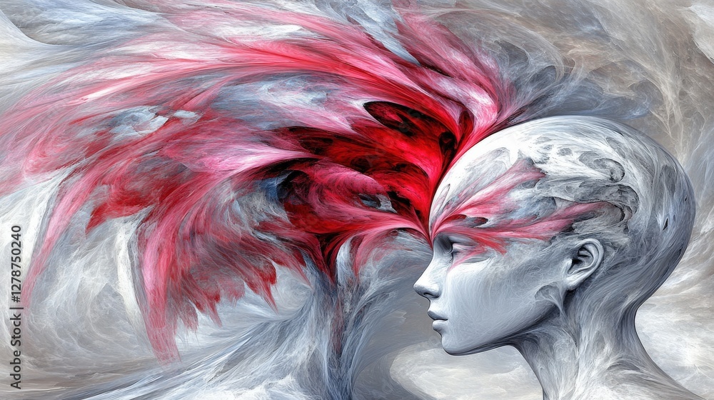 Poster abstract representation of glowing energy flowing on a stylized human form with vivid red and white 