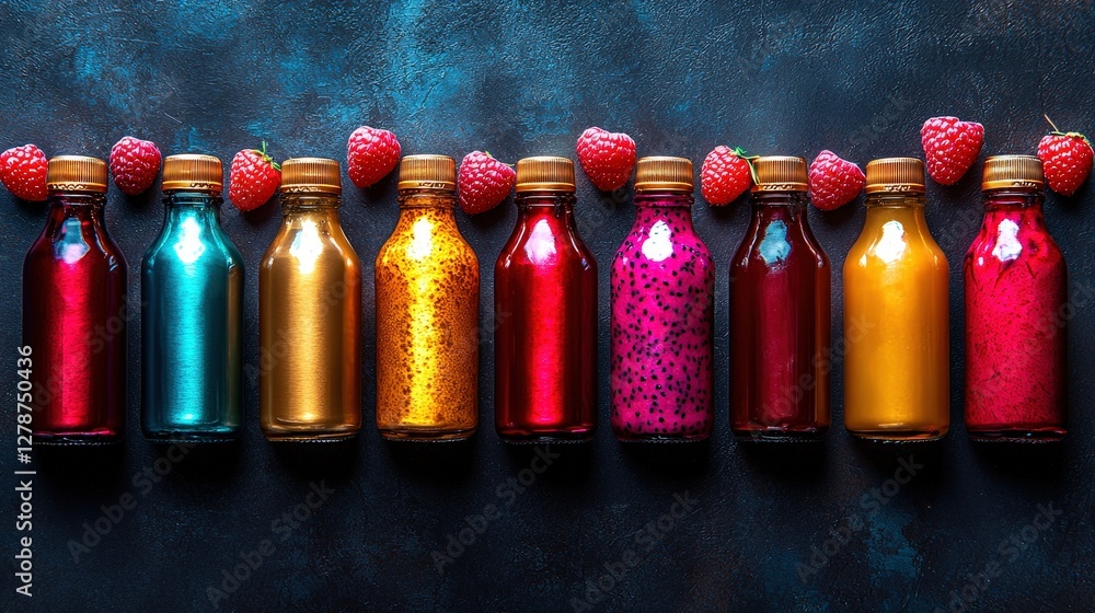 Poster neatly arranged row of bottles showcasing a variety of different liquids