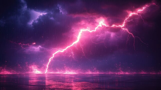 Pink Lightning Storm Over Dark Ocean Dramatic Nature Wallpaper