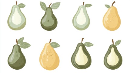 Eight pears, various colors, white background, food illustration, website design