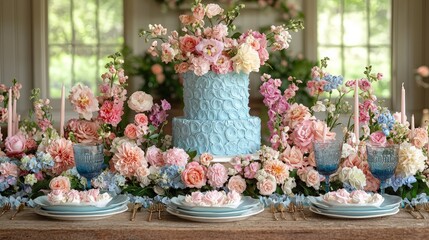 Pastel tiered cake decorated with flowers on wooden table. Possible use Stock photo for wedding or celebration