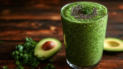 Delicious green smoothie in a glass featuring avocados and nutrientrich chia seeds