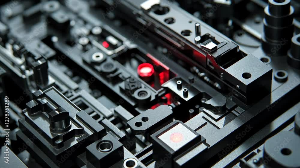 Poster intricate details of black mechanical components illuminated by red light reveal advanced technology