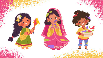 Set of Indian children for Holi festival. Characters in Indian colorful clothes, festival of colors. Cartoon vector children