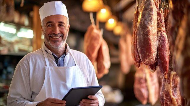 Butcher shop owner smiling in meat market with fresh cuts of meat using tablet for inventory management advice for customers local business butcher. - Powered by Adobe