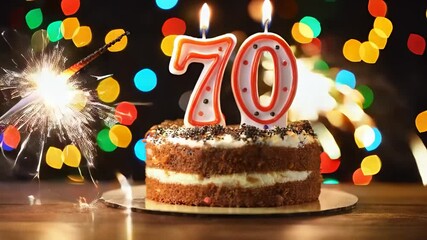 Birthday cake with 70th birthday candle on dark background with colorful bokeh and sparklers. 