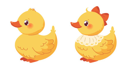 Cute kawaii duck on white background. Duckling boy and girl for babies, baby showers, kids products design. Vector cartoon character