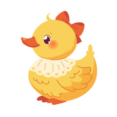 Cute kawaii duck on white background. Cartoon vector character, yellow duckling. Baby duckling girl with bow