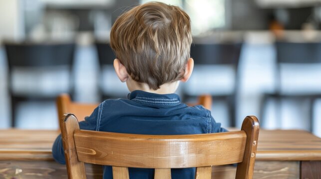 Lonely boy sits alone at empty kitchen table, reflecting home s simplicity and possible hardships