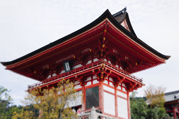 Obraz premium Kiyomizu-dera buddhist temple in Kyoto prefecture, Japan, Higashiyama ward, autumn fall view with mountains, Kyoto streets and skyline, shrine and pagoda, travel to Japan, Kansai region