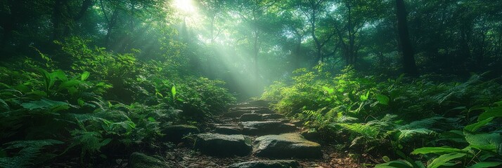 Fototapeta premium Sunbeams illuminate a stone path winding through a lush, misty forest.