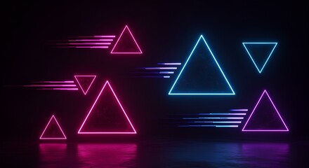 Naklejka premium A set of glowing triangles in neon pink, blue, and purple tones, floating in space with light trails and a futuristic sci-fi vibe