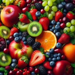 Obraz premium A vibrant, close-up shot showcases a bountiful array of fresh fruits and vegetables, artfully arranged to create a visually appealing composition 