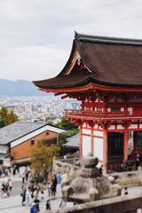 Obraz premium Kiyomizu-dera buddhist temple in Kyoto prefecture, Japan, Higashiyama ward, autumn fall view with mountains, Kyoto streets and skyline, shrine and pagoda, travel to Japan, Kansai region