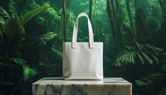 Sleek White Cotton Tote on Marble Podium Showcasing Eco-Friendly Design for Earth Day Concept