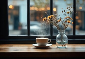 A cup of coffee sits on the table in front, and there is an empty glass vase with flowers next to it. 