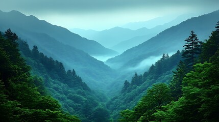 Fototapeta premium A mist-covered valley at dawn, with layers of hills fading into the distance and the first rays of sunlight illuminating the scene.
