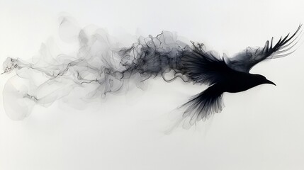Fototapeta premium Black bird in flight, smoke trail, abstract art.