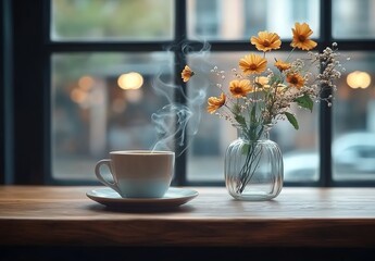 A cup of coffee sits on the table in front, and there is an empty glass vase with flowers next to it. 