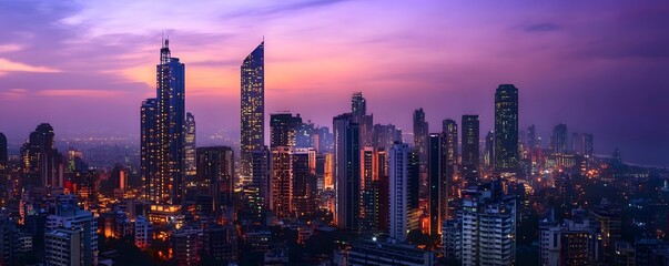 The Hyderabad business hub at twilight, with high-rise buildings illuminated against the fading light of the day, creating a stunning urban landscape