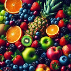 Obraz premium A vibrant, close-up shot showcases a bountiful array of fresh fruits and vegetables, artfully arranged to create a visually appealing composition 
