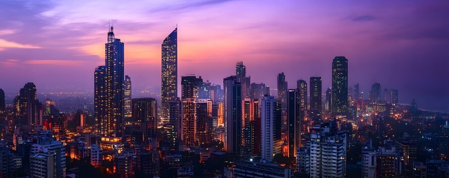 Fototapeta The Hyderabad business hub at twilight, with high-rise buildings illuminated against the fading light of the day, creating a stunning urban landscape