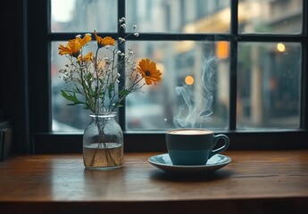 A cup of coffee sits on the table in front, and there is an empty glass vase with flowers next to it. 