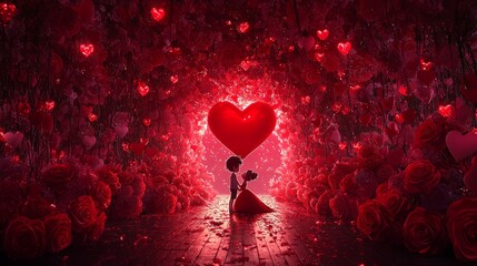 Romantic valentine's day scene with romantic couple and heart-shaped lights in a flower tunnel for greetings and decorations