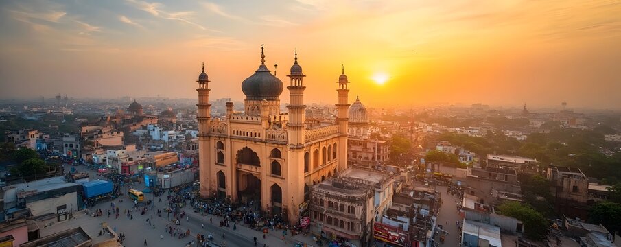 A panoramic view of Hyderabad’s business hub during the golden hour, with the city’s skyline bathed in soft light and the streets full of activity