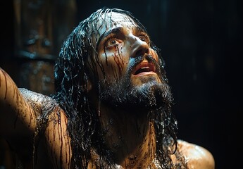 Obraz premium A depiction of Jesus on the cross, set against a dark background. Tears, black in color, run down his face and neck. His body is covered in mud, and his arms are outstretched upwards towards the sky.