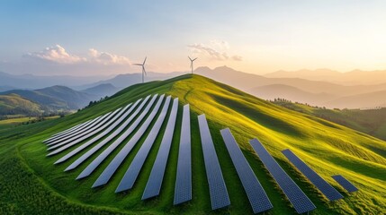 green energy investments USA, sustainable finance trends, wind turbines, solar panels, and stock market data
