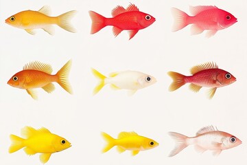 Naklejka premium Colorful variety of fish including goldfish, depicting elimination diet foods like fish varieties such as salmon, cod, and trout. Concept emphasizes elimination diet foods for health