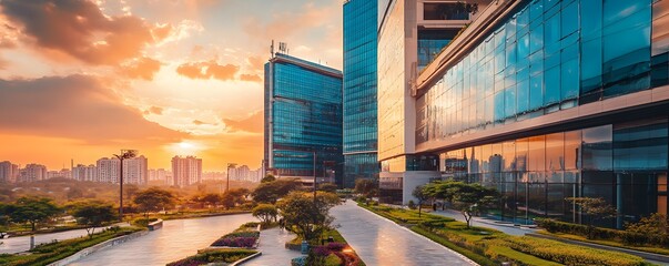 The architectural beauty of Hyderabad’s business hub, with modern glass facades, towering office complexes, and green landscaping adding to the city’s charm