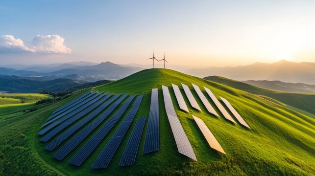 green energy investments USA, sustainable finance trends, wind turbines, solar panels, and stock market data - Powered by Adobe