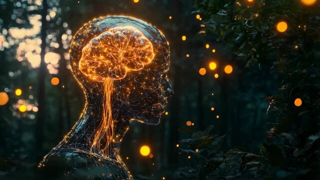 Artificial intelligence in the silhouette human merging with natural elements. Symbiosis of artificial intelligence and people Glowing brain and neural pathways in forest, futuristic ecosystem.