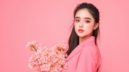 Fototapeta premium woman in pink blazer holds bouquet of pink flowers against pink background, exuding elegance and charm