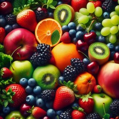 A vibrant, close-up shot showcases a bountiful array of fresh fruits and vegetables, artfully arranged to create a visually appealing composition
