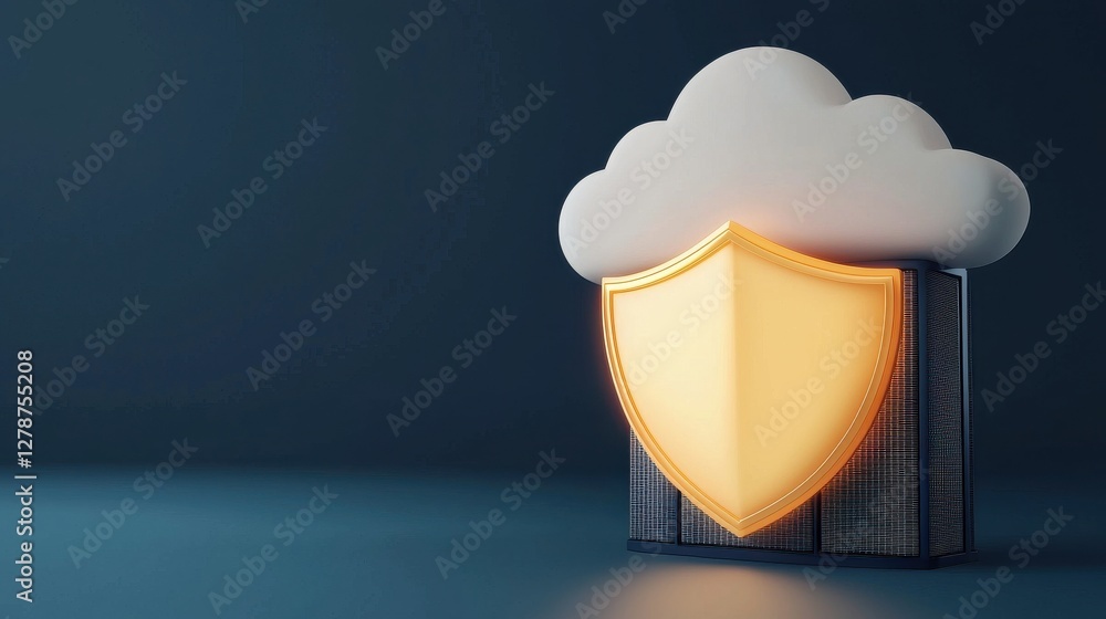 Poster three-dimensional cloud with shield representing cybersecurity and data protection