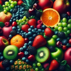 A vibrant, close-up shot showcases a bountiful array of fresh fruits and vegetables, artfully arranged to create a visually appealing composition
