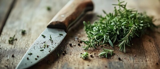 A sharp kitchen knife rests on a rustic wooden surface next to freshly cut herbs, evoking a sense of culinary freshness and art.