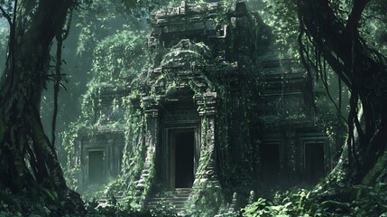 A mysterious temple in the jungle hidden behind thick moss and plants