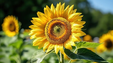 Striking individual sunflower standing tall in a lush field of sunflowers