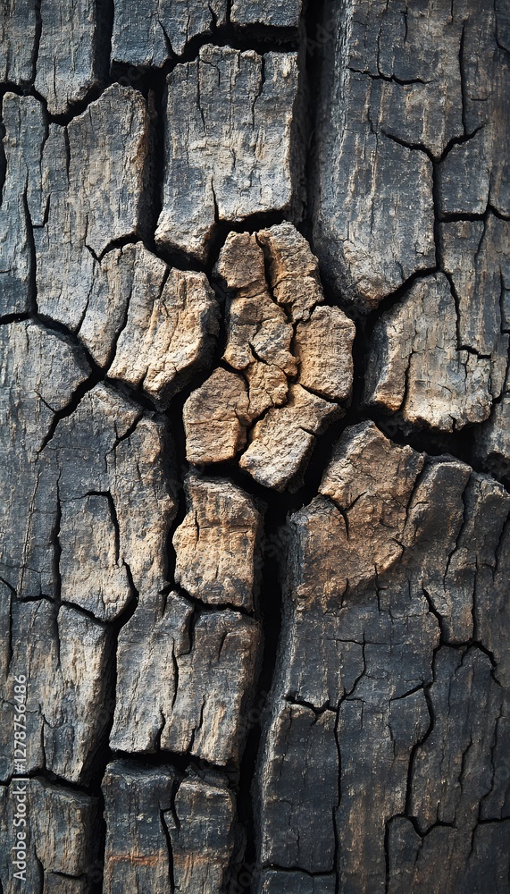Poster close up of distressed textured tree bark with deep cracks