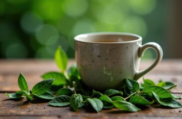 Rustic ceramic cup of herbal tea on a wooden table surrounded by fresh green tea leaves with a blurred natural background