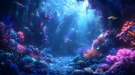 A mysterious underwater world full of glowing corals