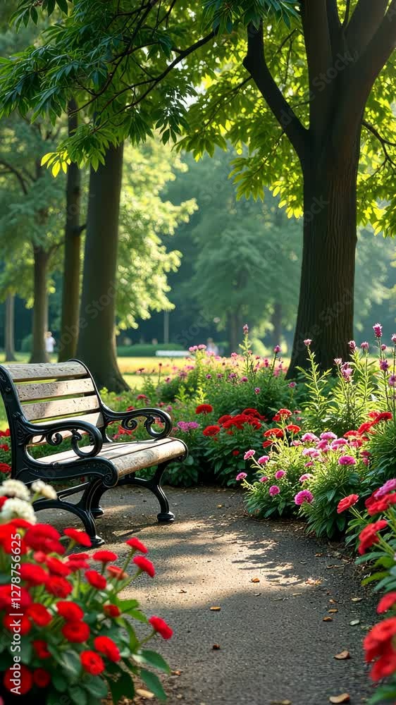 Aufkleber A bench is in a park with a path in front of it. The bench is empty. There are many flowers in the park